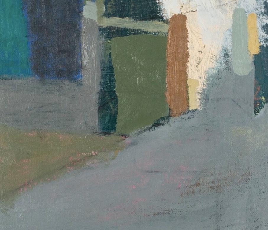 Cottage e Lane's Laugharne, 2024 - Pittura ad olio astratta minimale di paesaggio - Landscape Painting Grigio di Nicholas Turner