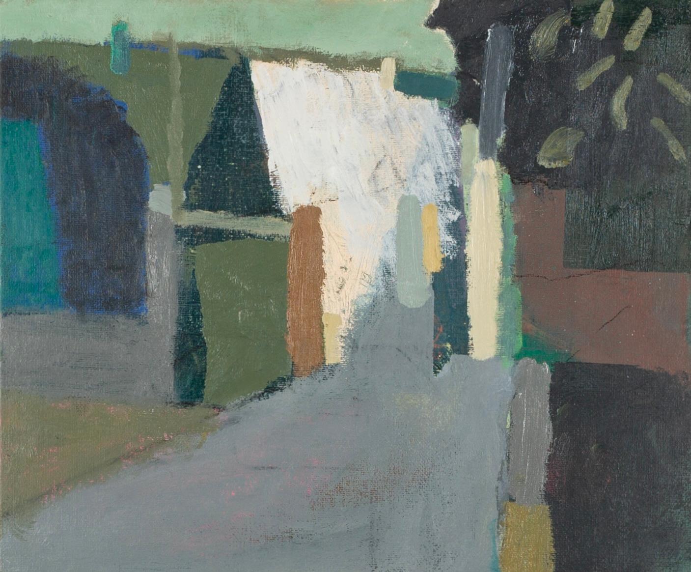 Landscape Painting di Nicholas Turner - Cottage e Lane's Laugharne, 2024 - Pittura ad olio astratta minimale di paesaggio