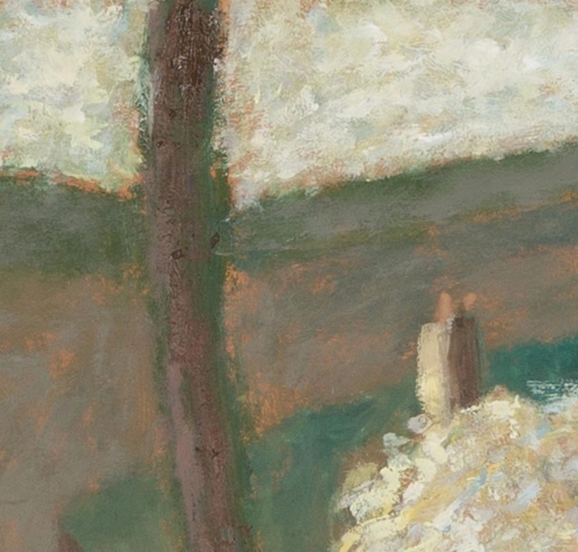 Casa de campo en primavera - Blanco + Verde Paisaje contemporáneo Pintura al óleo, Árboles - Landscape Painting Marrón de Nicholas Turner
