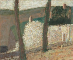 Casa de campo en primavera - Blanco + Verde Paisaje contemporáneo Pintura al óleo, Árboles