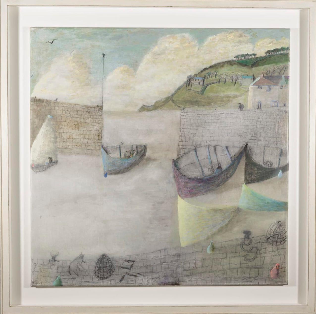 Creel and Cat, Quayside - coastal painting with boats, beach, grey and green  - Painting by Nicholas Turner