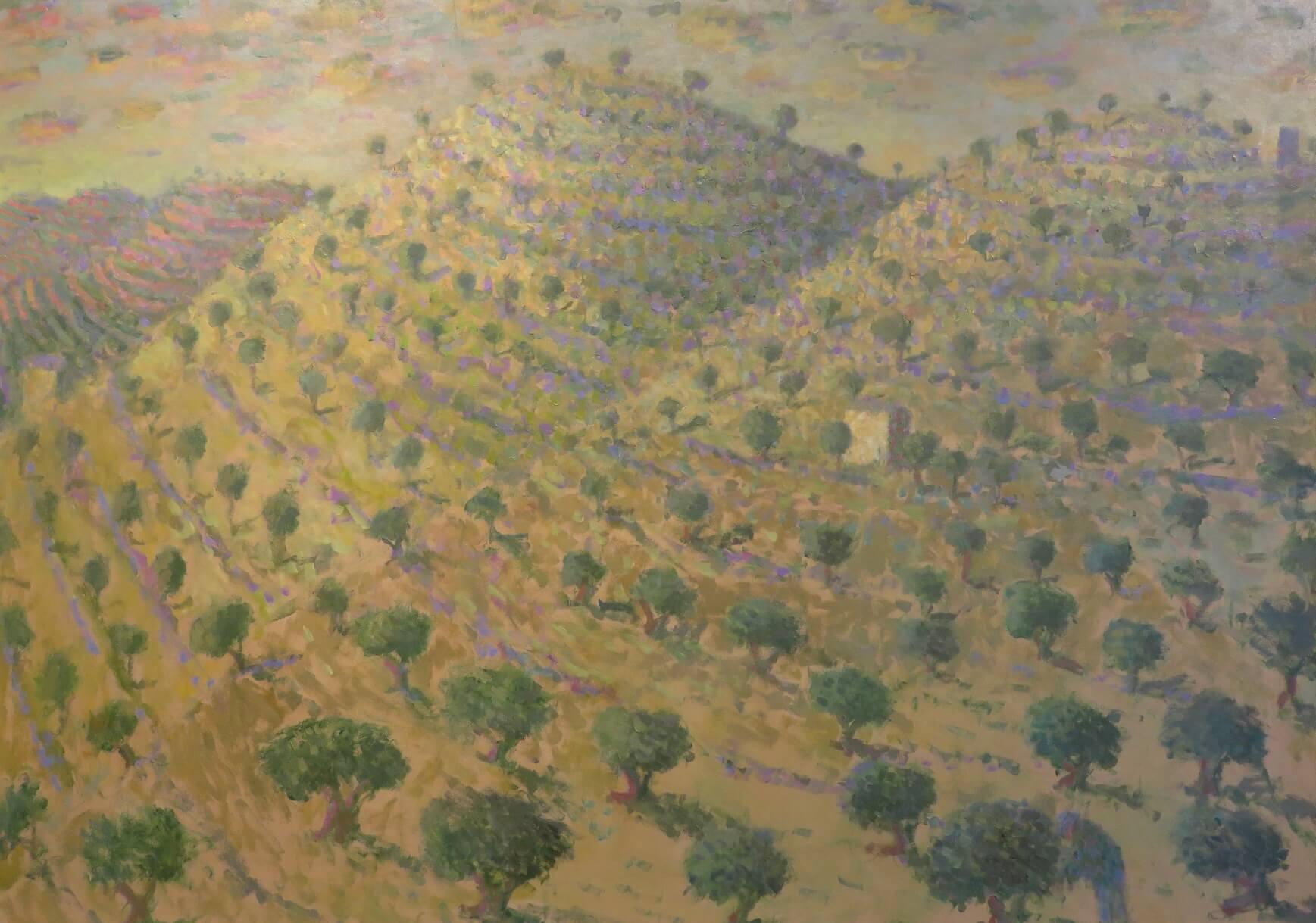 English Original post impressionist oil painting SPANISH LANDSCAPE Olive Groves - Brown Landscape Painting by Nicholas Turner