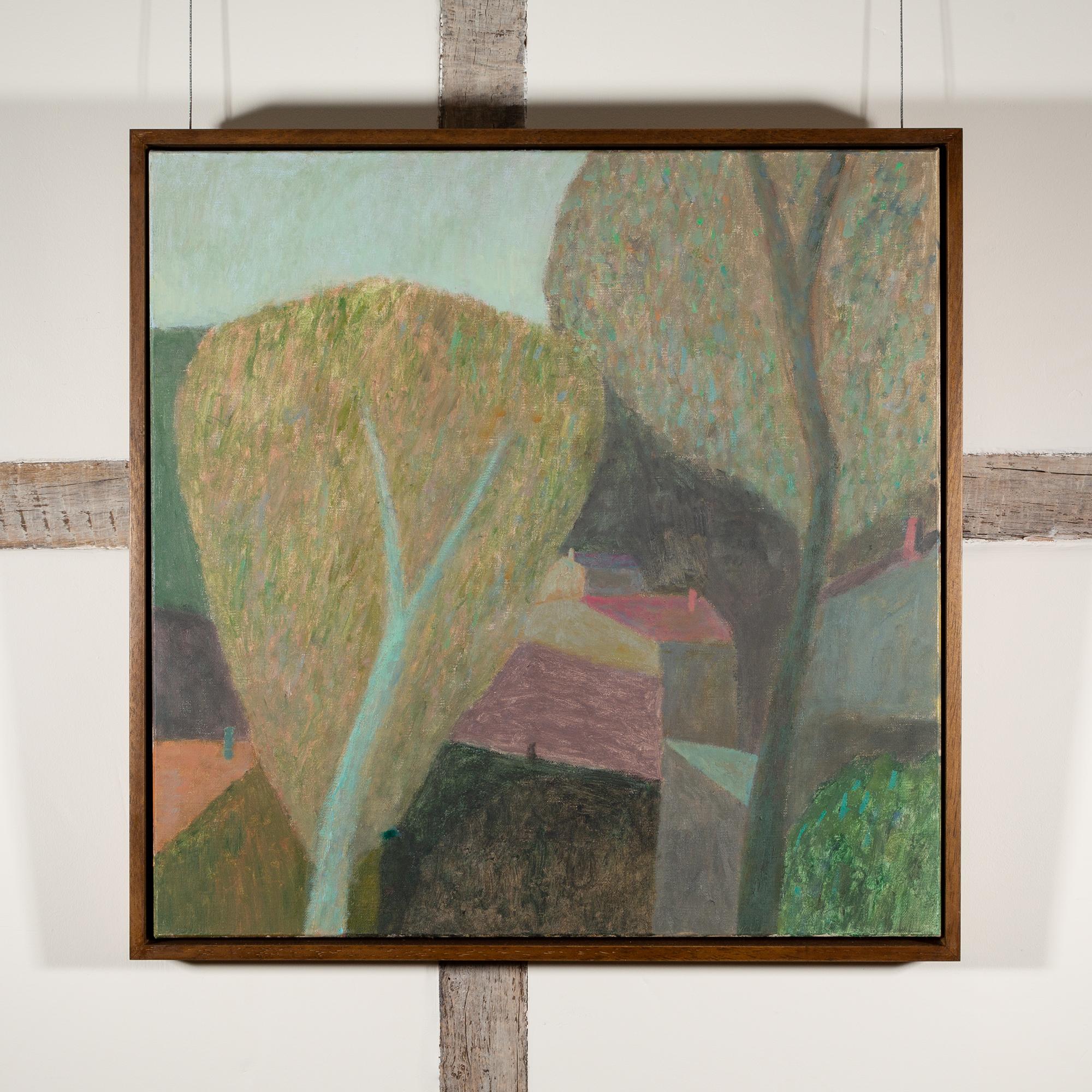 Figura a Céret - Pittura ad olio di paesaggio contemporaneo con alberi e case - Painting di Nicholas Turner