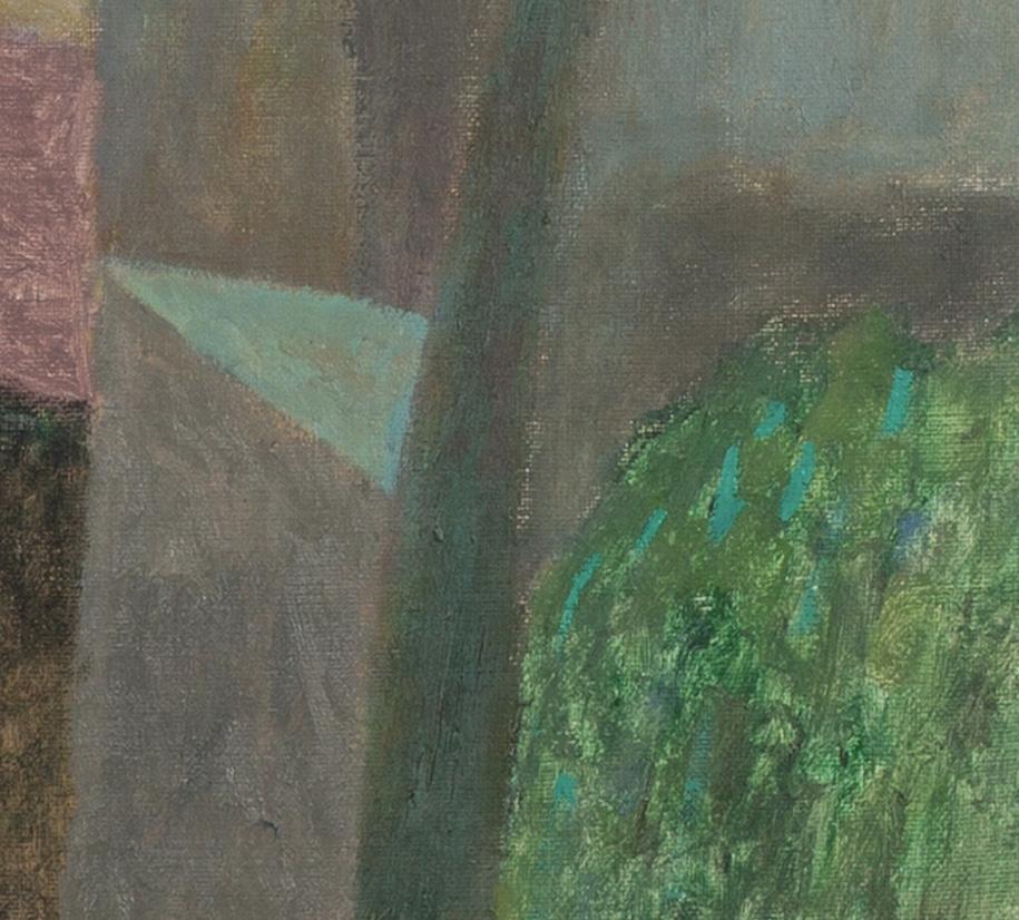 Figura a Céret - Pittura ad olio di paesaggio contemporaneo con alberi e case - Landscape Painting Grigio di Nicholas Turner