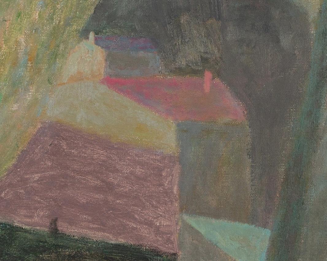 Figura a Céret - Pittura ad olio di paesaggio contemporaneo con alberi e case in vendita 1
