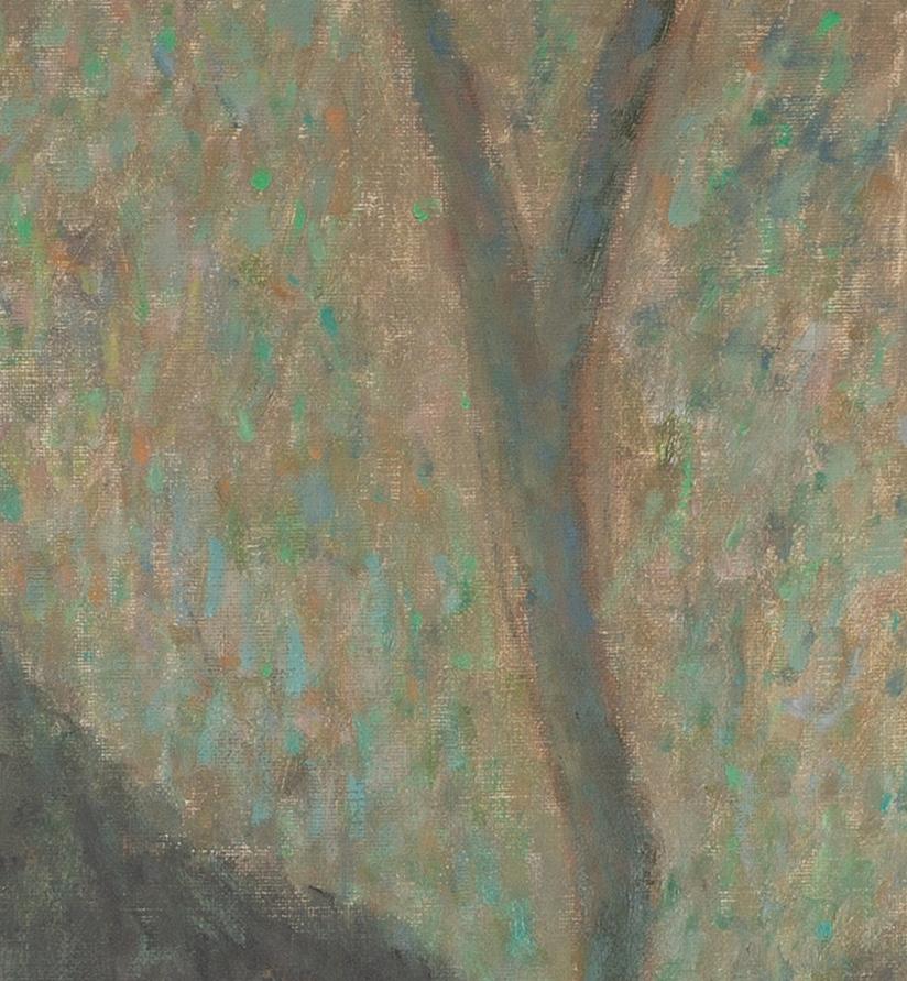 Figura a Céret - Pittura ad olio di paesaggio contemporaneo con alberi e case in vendita 2