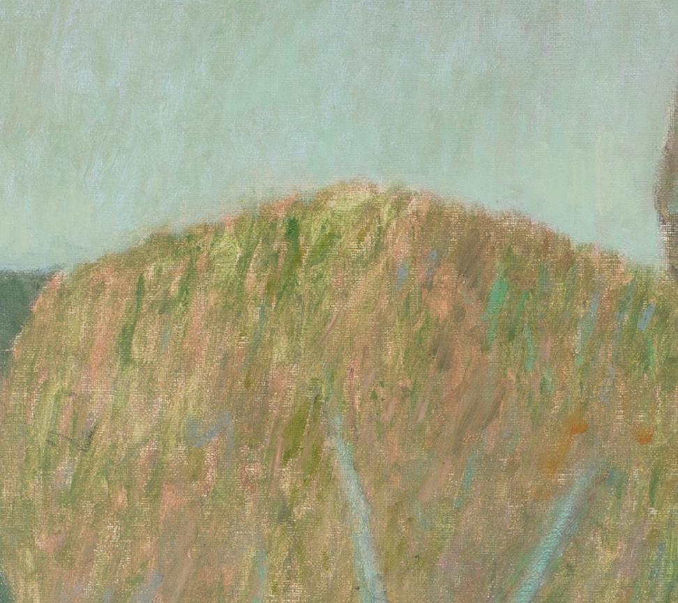 Figura a Céret - Pittura ad olio di paesaggio contemporaneo con alberi e case in vendita 3