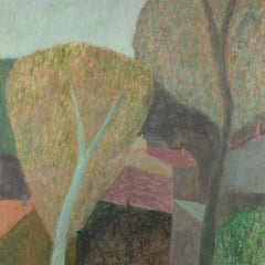 Figura a Céret - Pittura ad olio di paesaggio contemporaneo con alberi e case