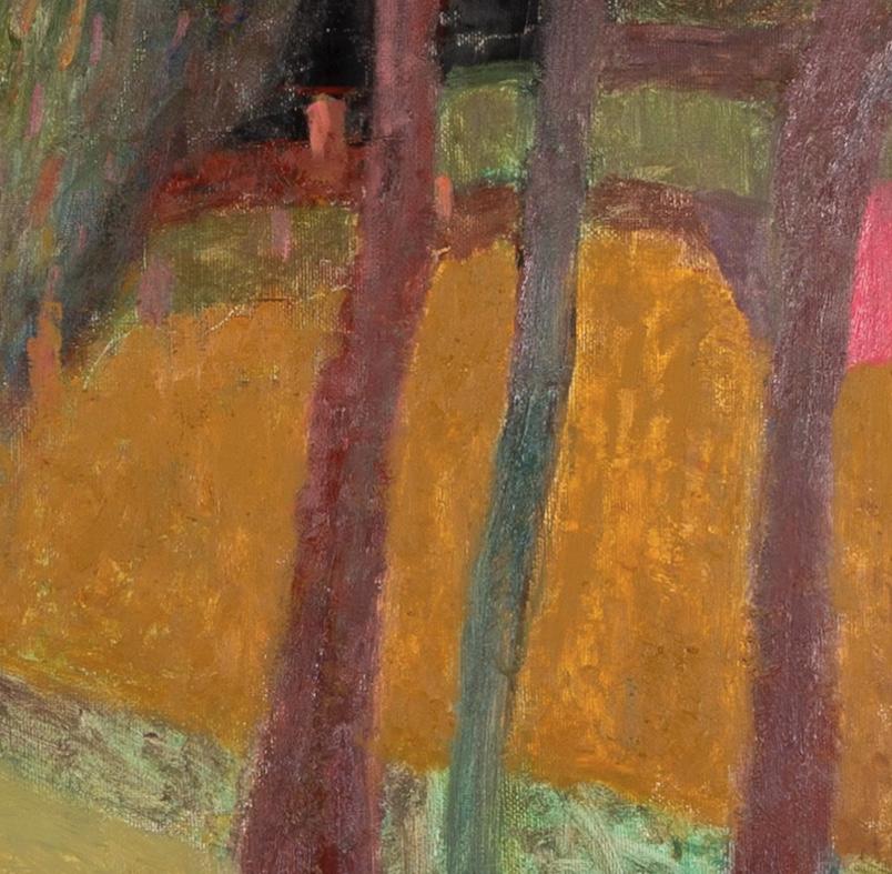 Figura en el camino Céret, 2024 - Paisaje Pintura al óleo con árboles, naranja + rojo en venta 1