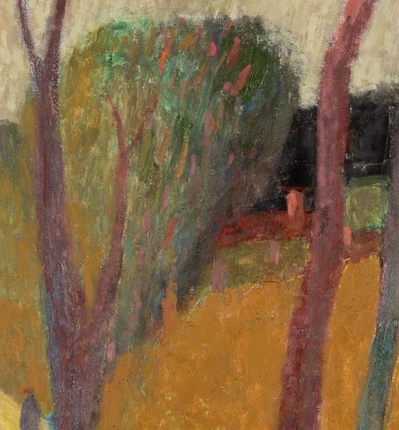 Figura en el camino Céret, 2024 - Paisaje Pintura al óleo con árboles, naranja + rojo en venta 2