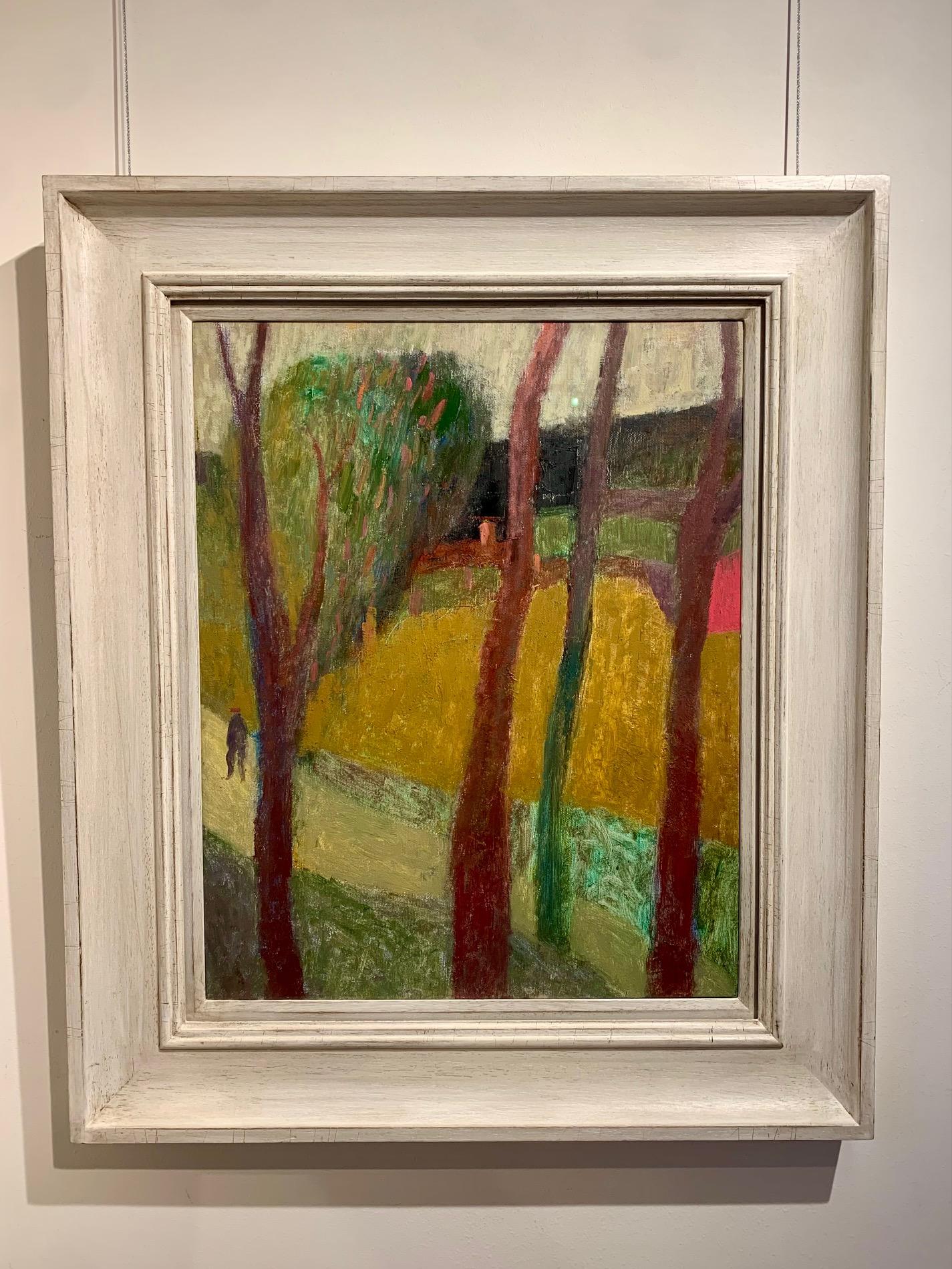 Figura en el camino Céret, 2024 - Paisaje Pintura al óleo con árboles, naranja + rojo en venta 3