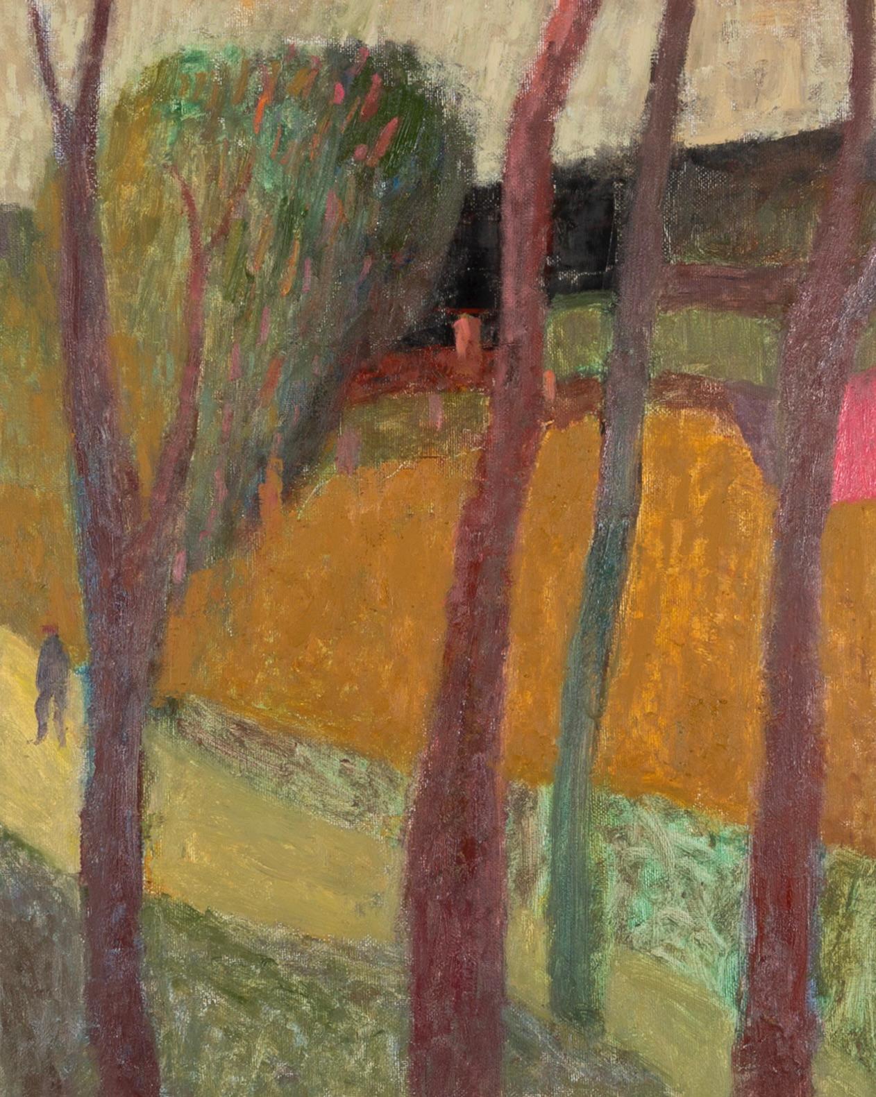 Figura en el camino Céret, 2024 - Paisaje Pintura al óleo con árboles, naranja + rojo - Painting de Nicholas Turner