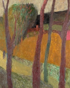 Figura en el camino Céret, 2024 - Paisaje Pintura al óleo con árboles, naranja + rojo