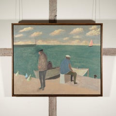 Figuren Quayside - Zeitgenössische blaue Seelandschaft Ölgemälde mit Booten und Wolken