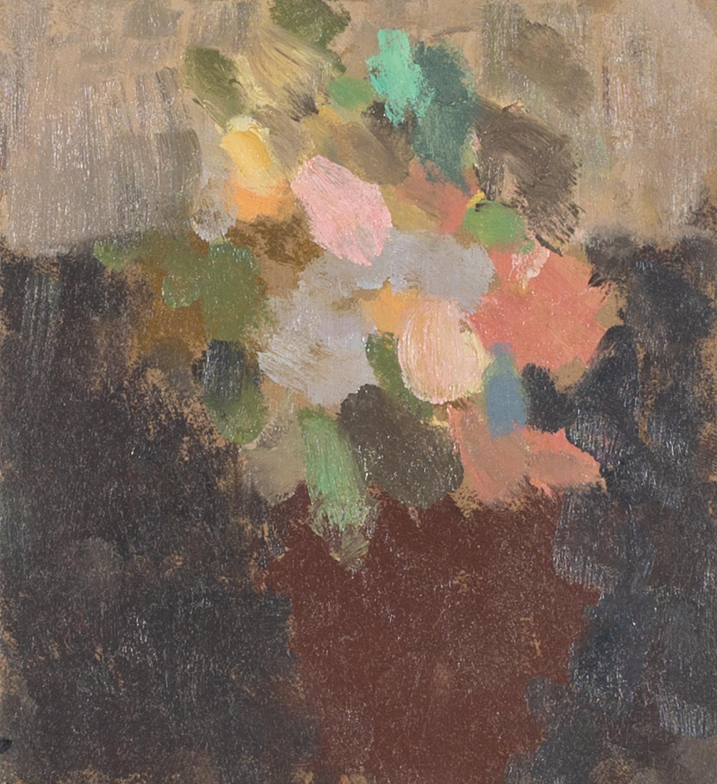 Flowers in a Red Vase, 2023 - Still Life Oil on Board Painting, Grey and Green