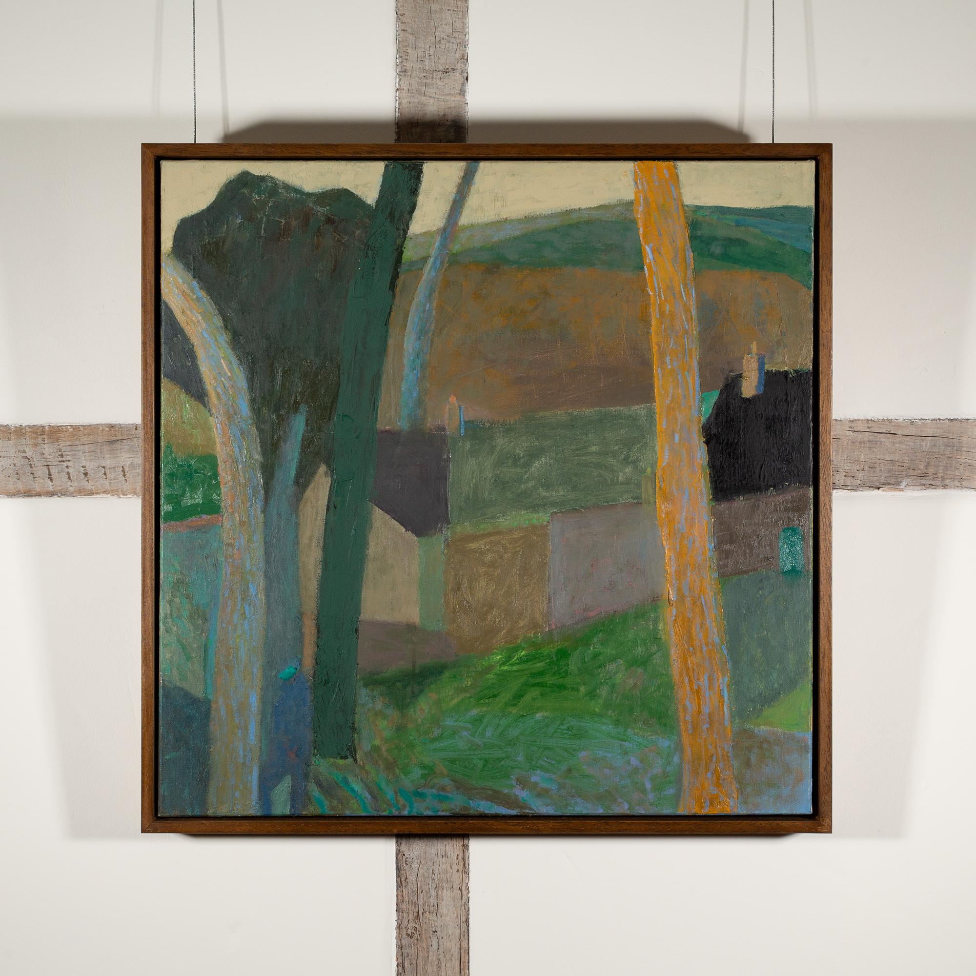 Green Roof and Trees Woodland - Square Landscape Oil Painting, Orange + Green - Gray Landscape Painting by Nicholas Turner