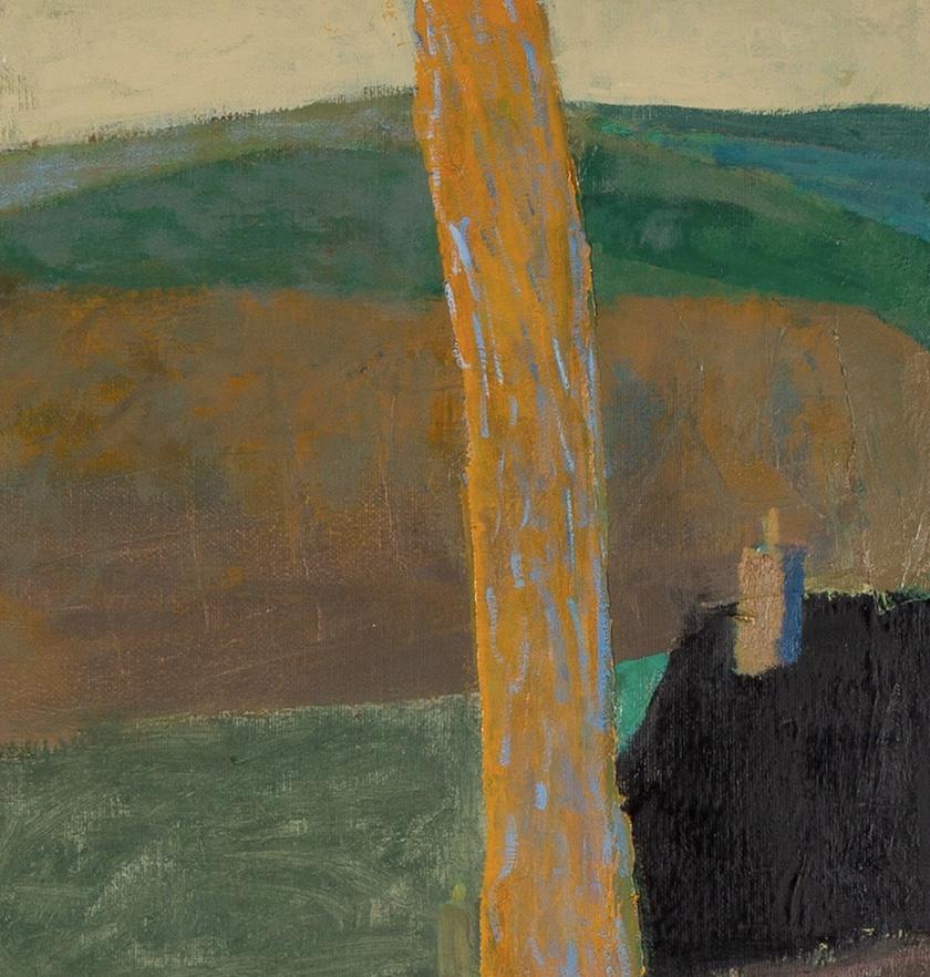 Green Roof and Trees Woodland - Square Landscape Oil Painting, Orange + Green For Sale 1