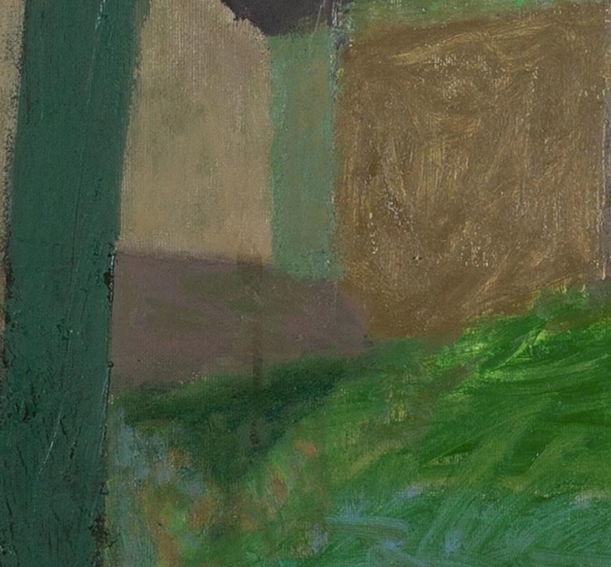Green Roof and Trees Woodland - Square Landscape Oil Painting, Orange + Green For Sale 2