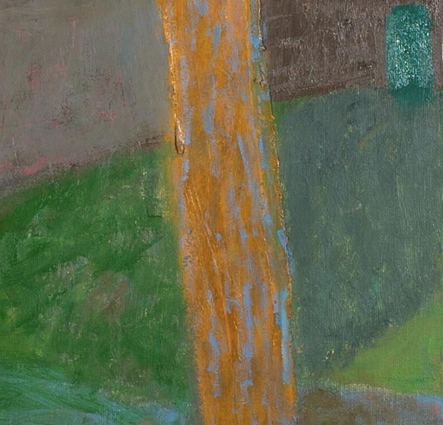 Green Roof and Trees Woodland - Square Landscape Oil Painting, Orange + Green For Sale 3