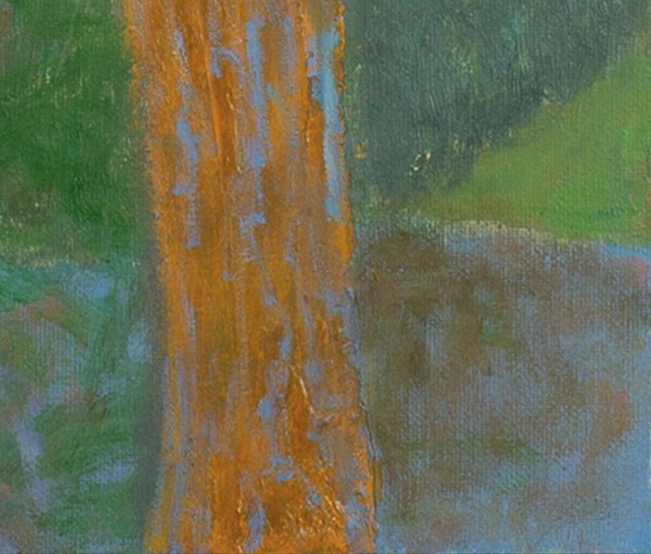 Green Roof and Trees Woodland - Square Landscape Oil Painting, Orange + Green For Sale 5