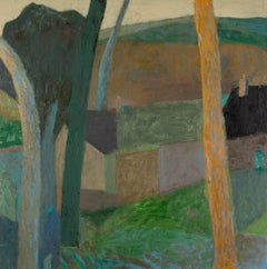 Green Roof and Trees Woodland - Square Landscape Oil Painting, Orange + Green