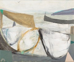 Vela gris, 2020-2021 - Pintura al óleo de paisaje abstracto minimalista, gris + blanco
