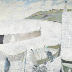 Hafen und Reusen - Weiß + Grün Zeitgenössische Seelandschaft Ölgemälde