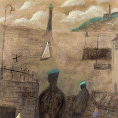 Hafen, Cornish Medley, Ölgemälde, Küstenlandschaft, Wolken und Figuren