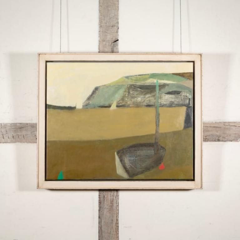 Harbour Scene with Boat, Landscape or Seascape Painting with Ochre and Green For Sale 1