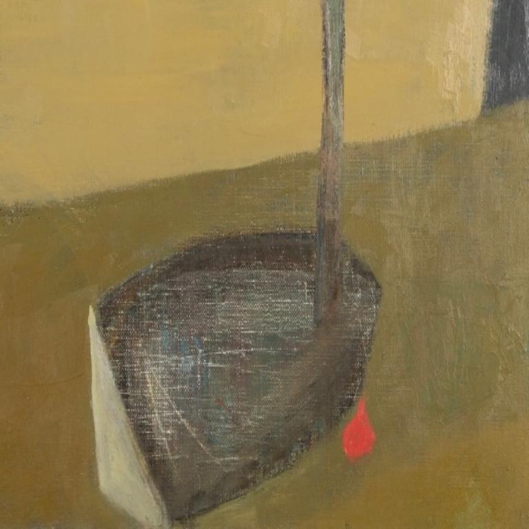 Harbour Scene with Boat, Landscape or Seascape Painting with Ochre and Green For Sale 2