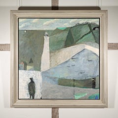 Lighthouse - Contemporary Green + White Coastal Landscape Oil Painting with Boat
