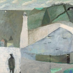 Lighthouse - Contemporary Green + White Coastal Landscape Oil Painting with Boat