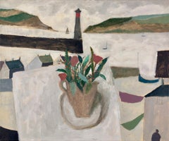 Nicholas Turner, Harbour with Flowers, oil painting. Lighthouse, Still life
