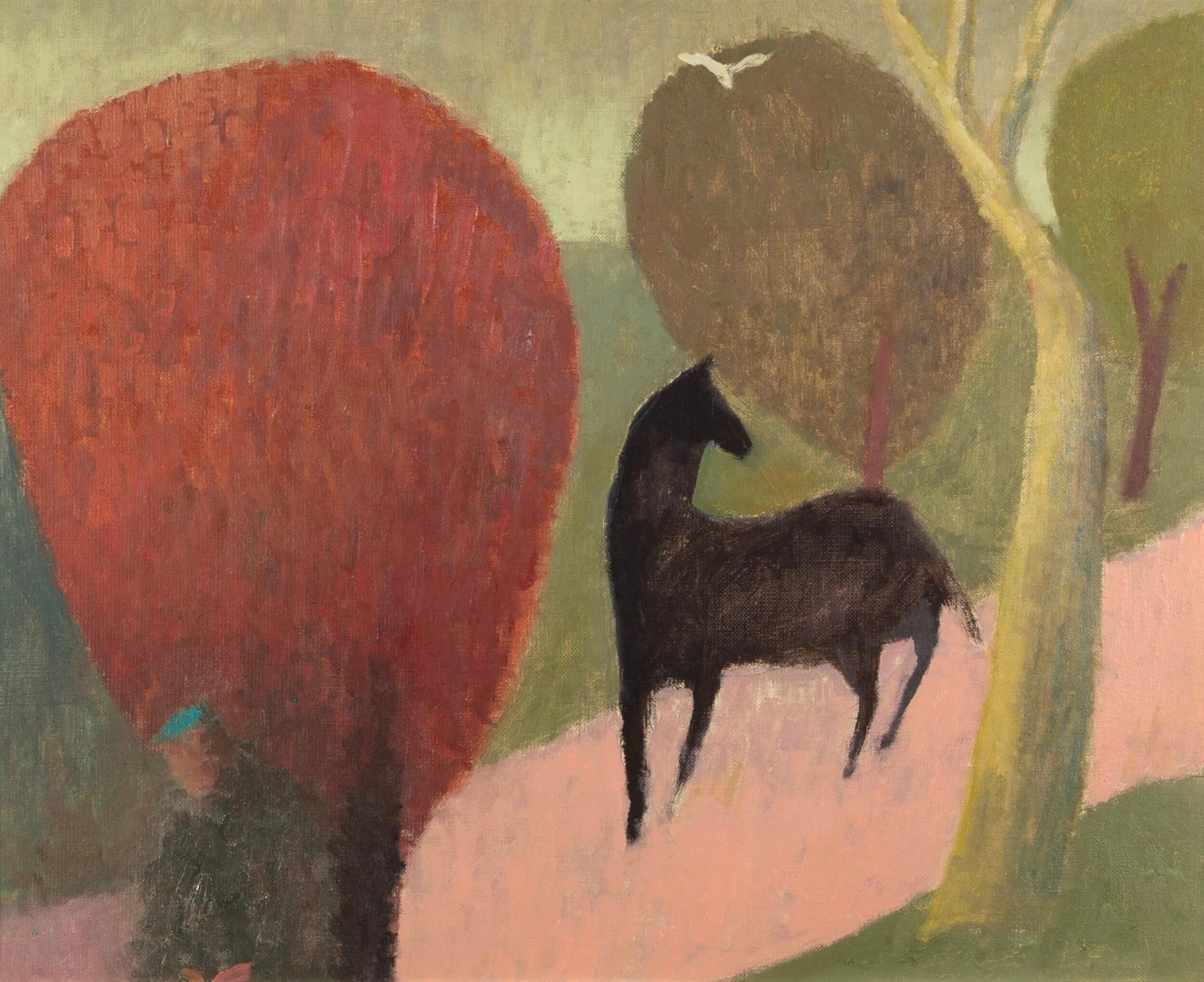 Horse and Path - oil painting, landscape with animal and figure, red and green - Painting by Nicholas Turner