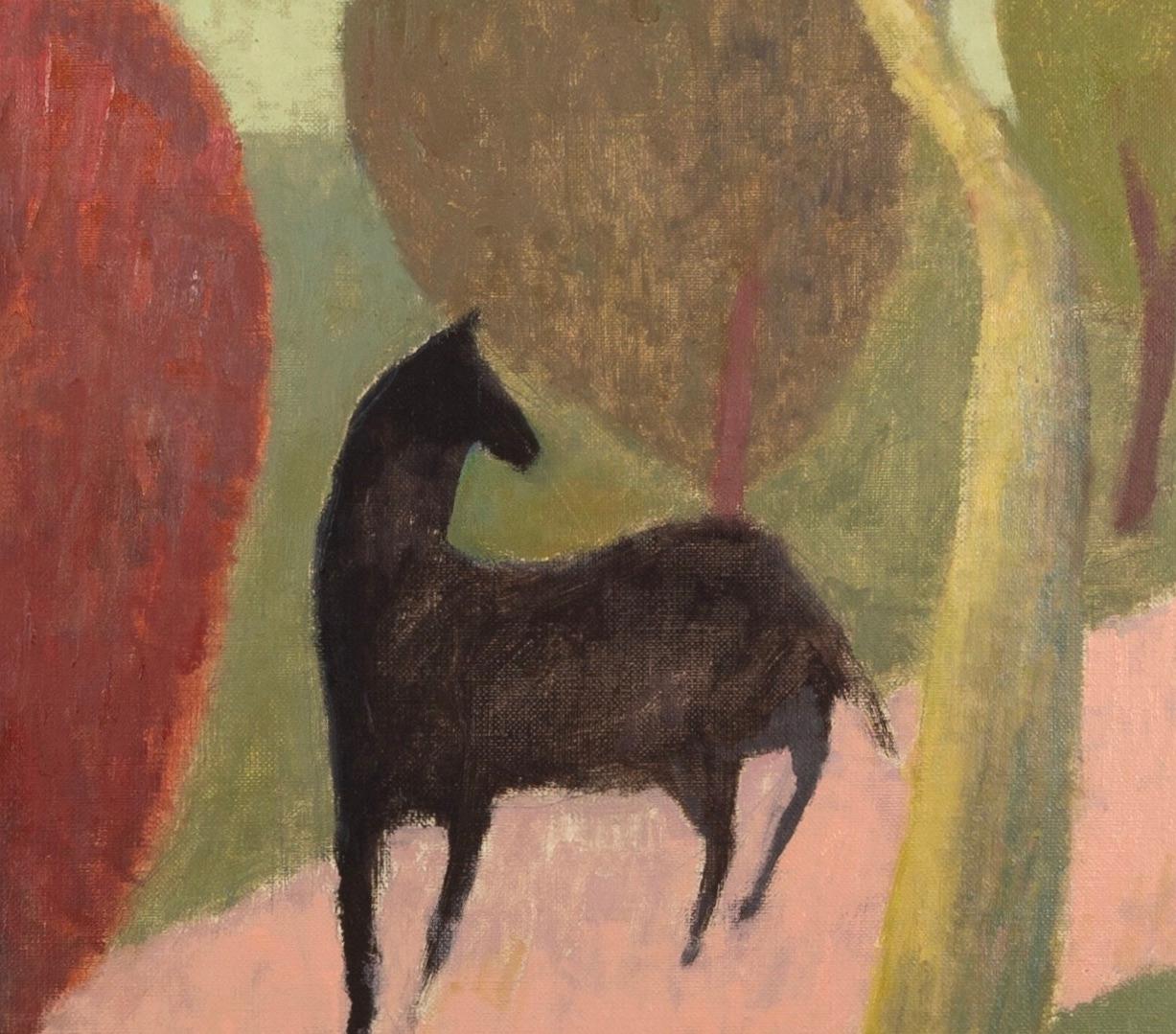 Horse and Path - oil painting, landscape with animal and figure, red and green - Beige Animal Painting by Nicholas Turner