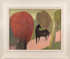 Horse and Path - oil painting, landscape with animal and figure, red and green