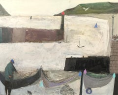 Man with Creels and Birds - costal landscape oil painting with figure, seascape