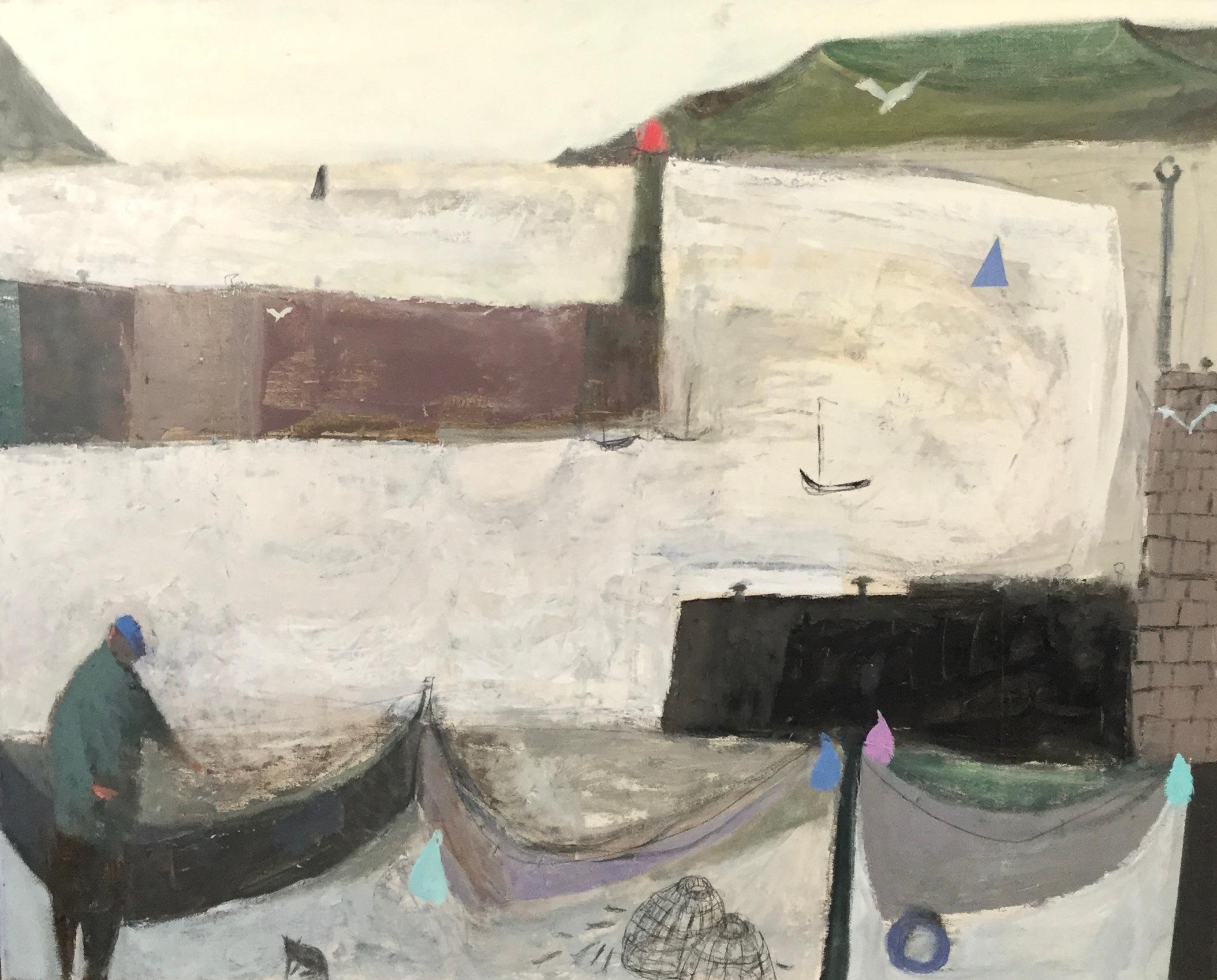 Man with Creels and Birds - costal landscape oil painting with figure, seascape - Contemporary Painting by Nicholas Turner