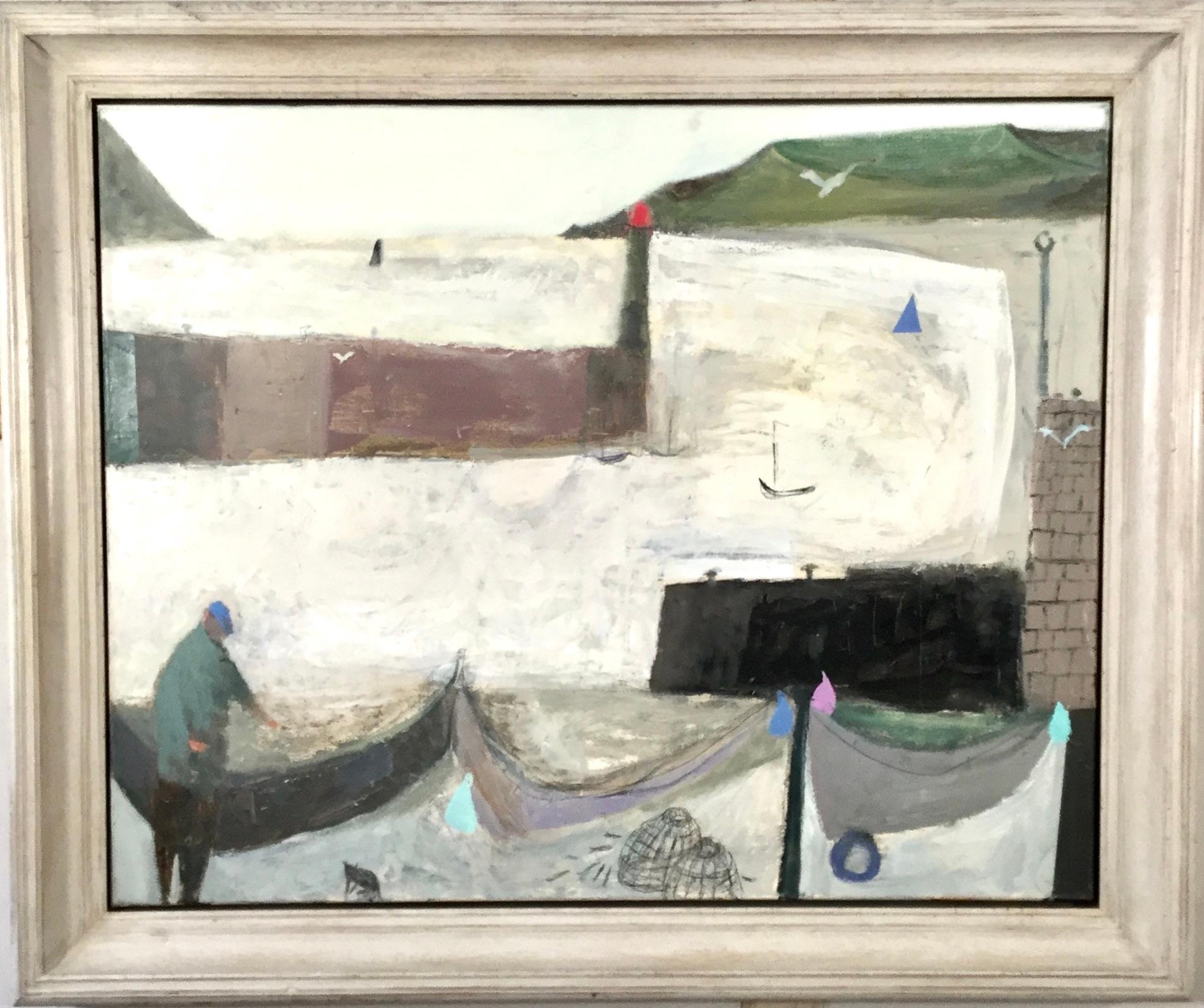 Nicholas Turner Landscape Painting - Man with Creels and Birds - costal landscape oil painting with figure, seascape