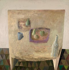 Table with Pears - contemporary still life oil painting with fruit, neutral tone