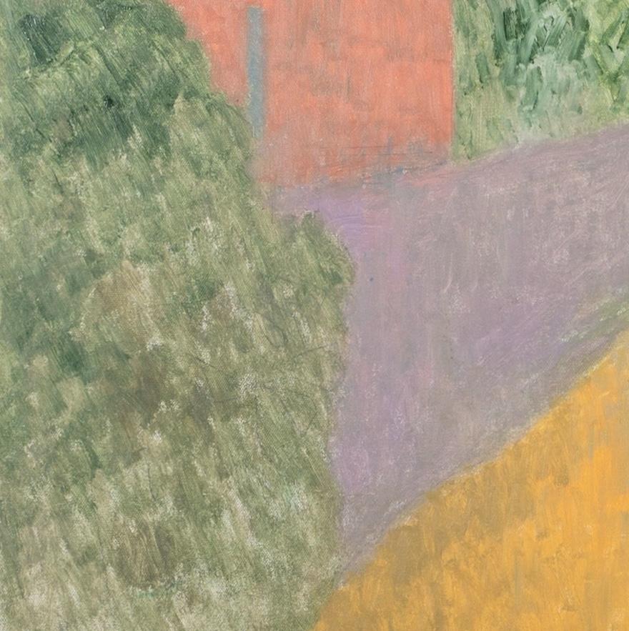 Tetto arancione a Céret, 2024 - Pittura astratta colorata di paesaggio con alberi in vendita 1