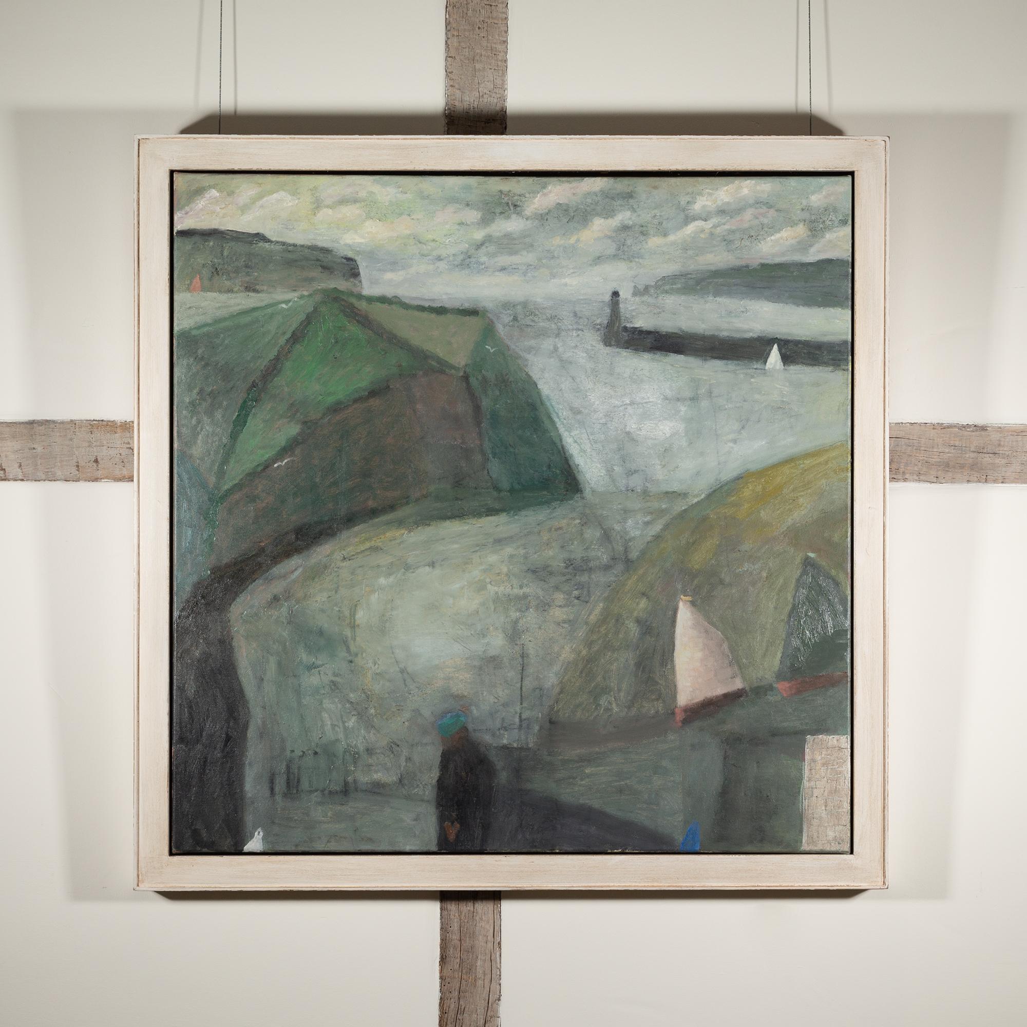 Vele che passano - Quadro ad olio del paesaggio marino con porto e barche, in grigio - Painting di Nicholas Turner