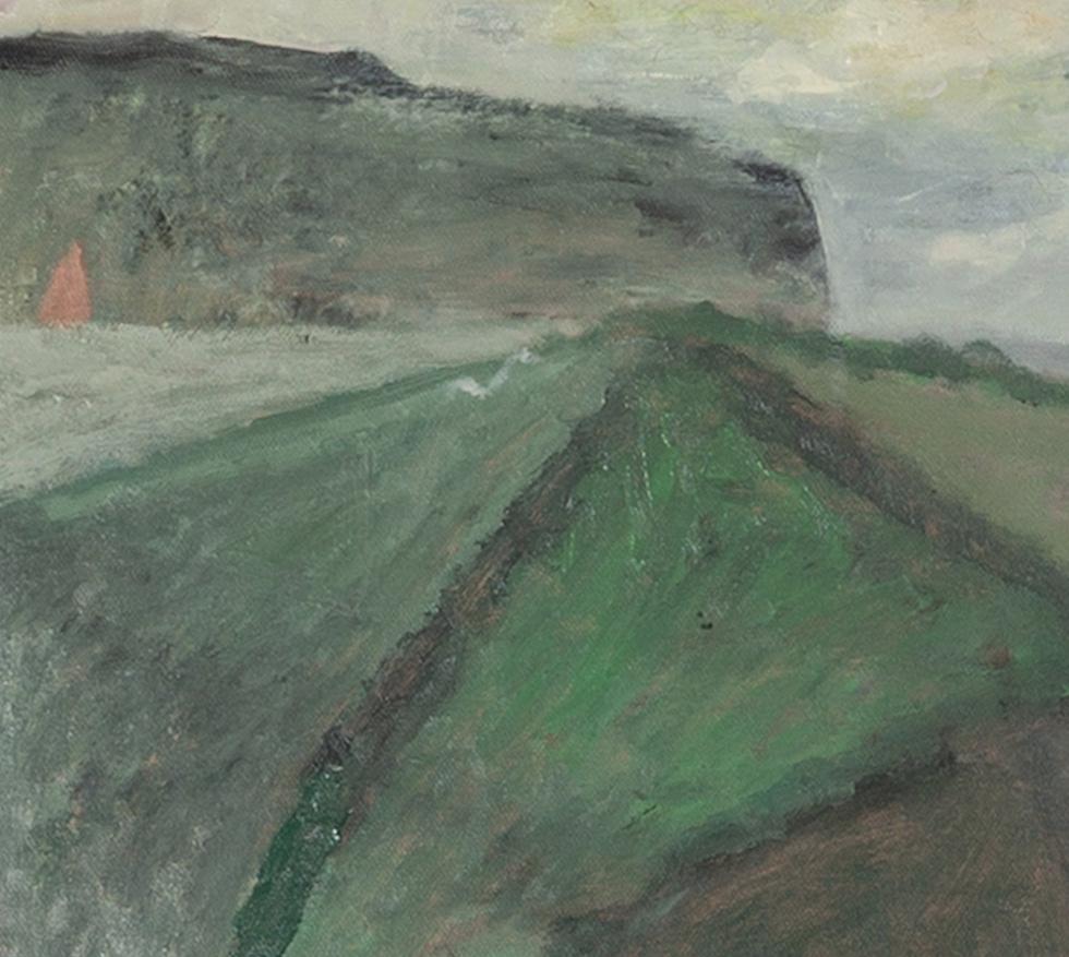 Vele che passano - Quadro ad olio del paesaggio marino con porto e barche, in grigio - Landscape Painting Grigio di Nicholas Turner