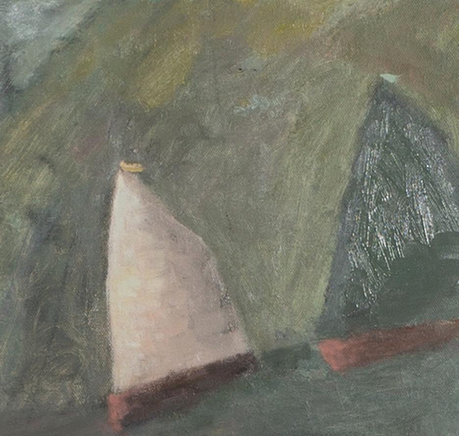 Vele che passano - Quadro ad olio del paesaggio marino con porto e barche, in grigio in vendita 1