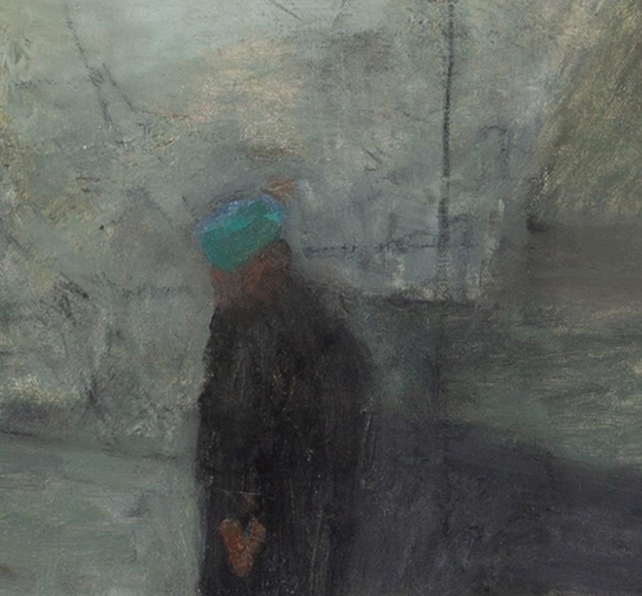 Vele che passano - Quadro ad olio del paesaggio marino con porto e barche, in grigio in vendita 2