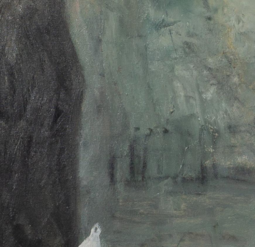 Vele che passano - Quadro ad olio del paesaggio marino con porto e barche, in grigio in vendita 3