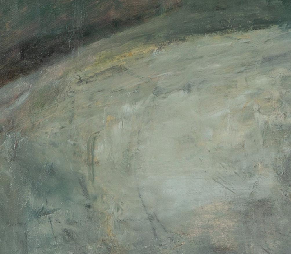 Vele che passano - Quadro ad olio del paesaggio marino con porto e barche, in grigio in vendita 4