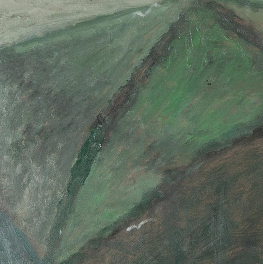 Vele che passano - Quadro ad olio del paesaggio marino con porto e barche, in grigio in vendita 5