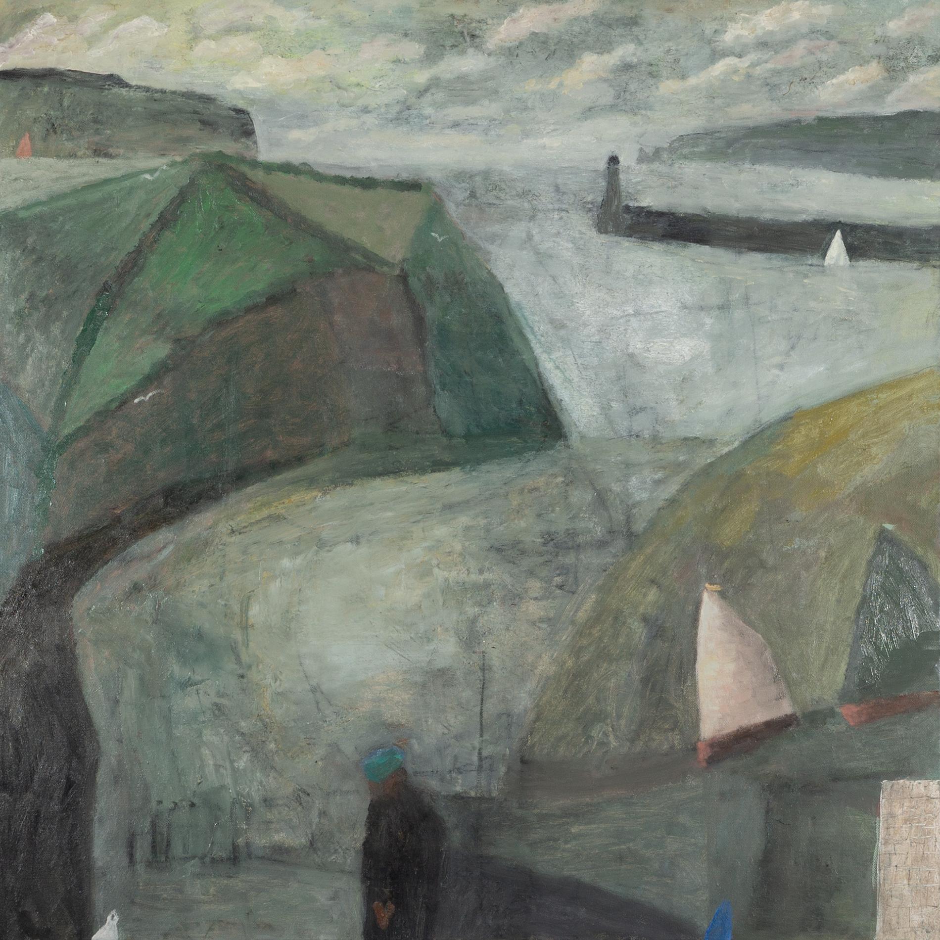 Landscape Painting di Nicholas Turner - Vele che passano - Quadro ad olio del paesaggio marino con porto e barche, in grigio