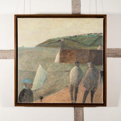 Quaysides Figures - Grau + Grün Seelandschaft Ölgemälde mit Booten